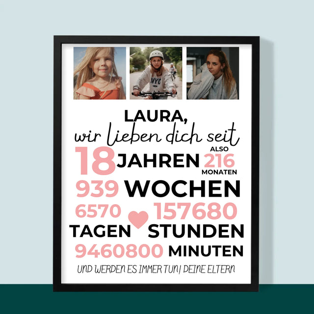 Fotocollage: Wir Lieben Dich Seit 18 Jahren - Druck Mit Rahmen 30X40
