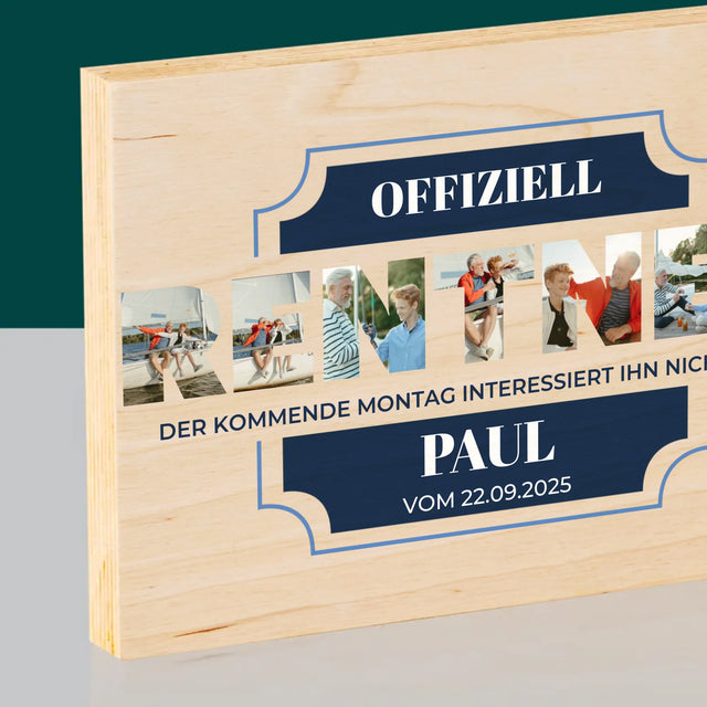 Buchstaben-Collage: Offiziell Im Ruhestand - Druck Auf Holz