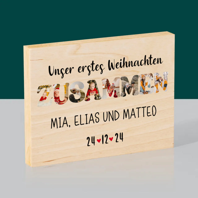 Buchstaben-Collage: Erstes Weihnachten Zusammen - Druck Auf Holz