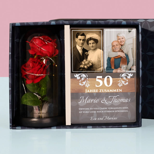 Fotocollage: Gemeinsame Jahre - Geschenkset Mit Druck Auf Acrylglas Und Ewiger Rose