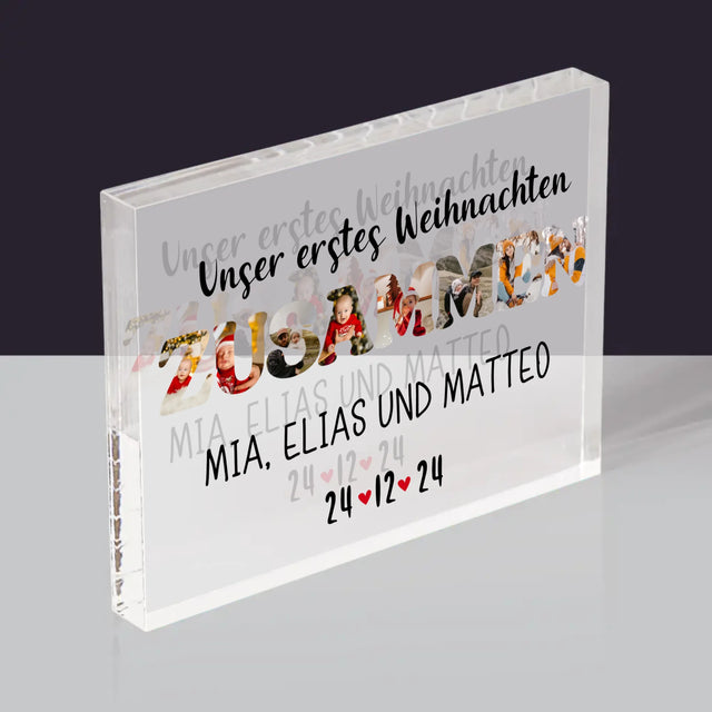 Buchstaben-Collage: Erstes Weihnachten Zusammen - Acrylblock