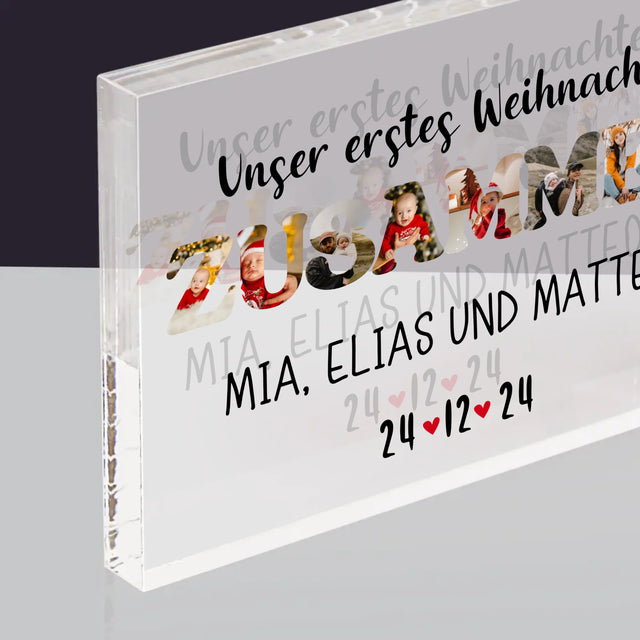 Buchstaben-Collage: Erstes Weihnachten Zusammen - Acrylblock