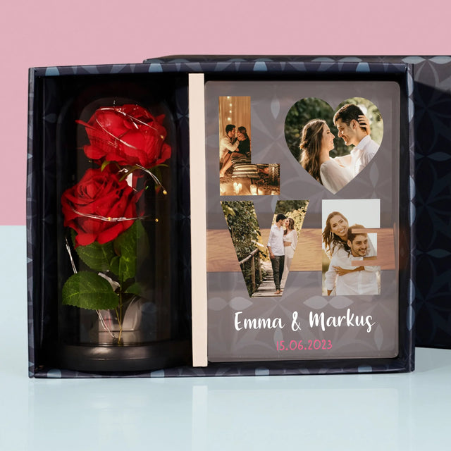 Buchstaben-Collage: Love - Geschenkset Mit Druck Auf Acrylglas Und Ewiger Rose