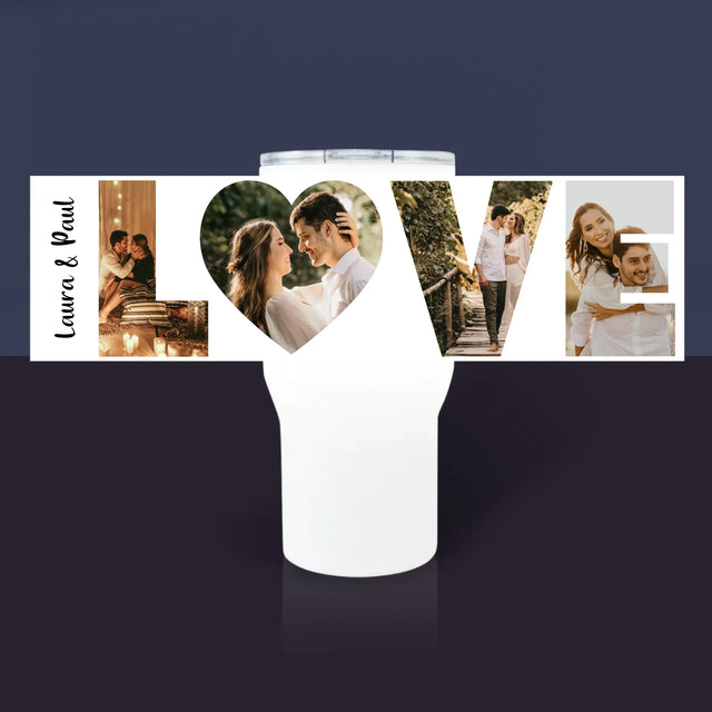 Buchstaben-Collage: Love - Thermobecher Weiß