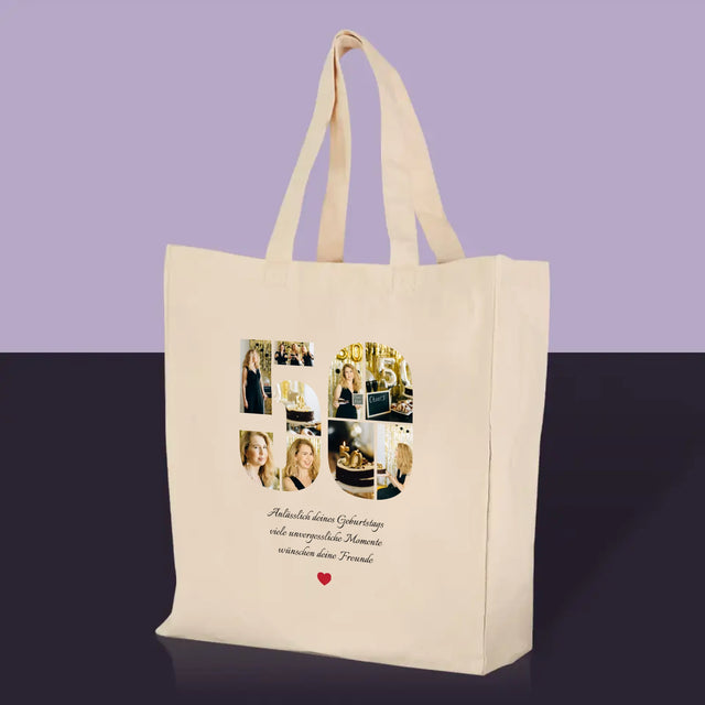 Form aus Bildern: Glückwünsche zum 50. Geburtstag – bedruckte Canvas-Tasche | DE