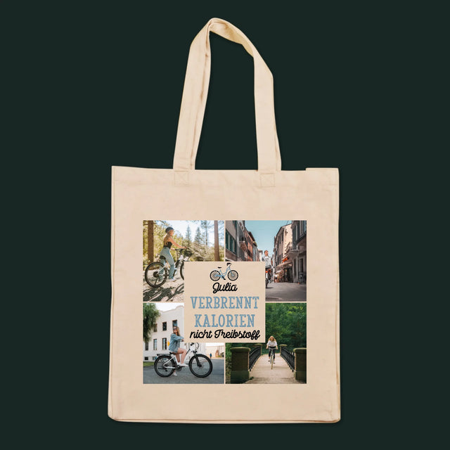 Fotocollage: Verbrennt Kalorien, keinen Treibstoff – bedruckte Canvas-Tasche | DE