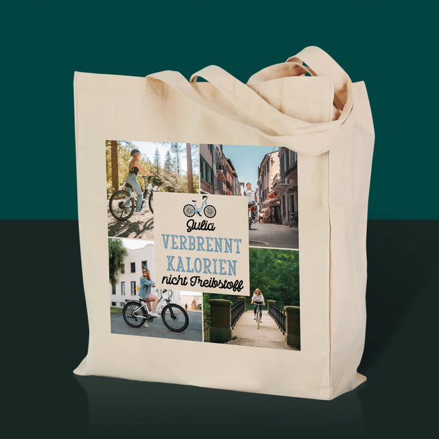 Fotocollage: Verbrennt Kalorien, keinen Treibstoff – bedruckte Canvas-Tasche | DE