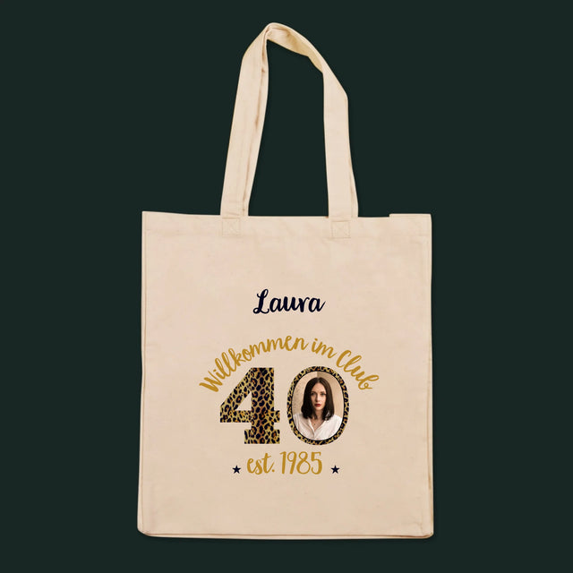 Foto und Bildunterschrift: Willkommen im Club 40 – Canvas-Tasche mit Aufdruck | DE