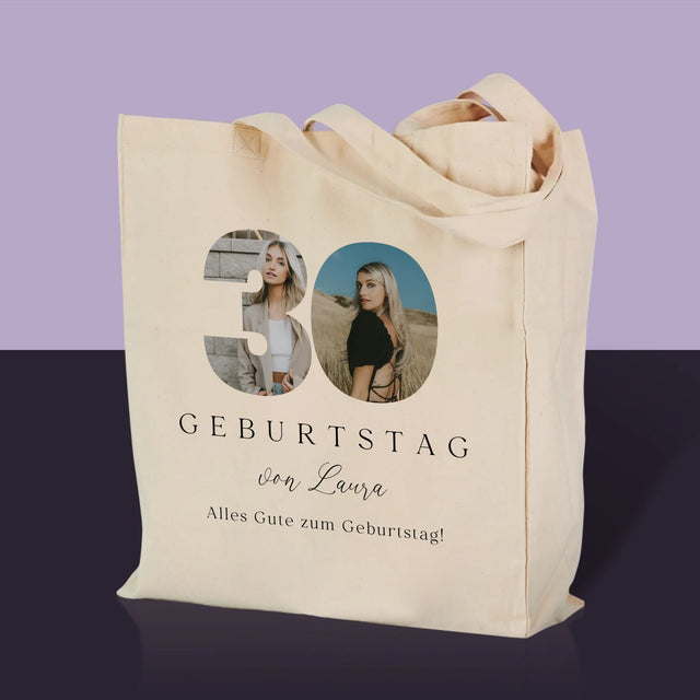 Wort aus Bildern: Unterschrift zum 30. Geburtstag – bedruckte Canvas-Tasche | DE