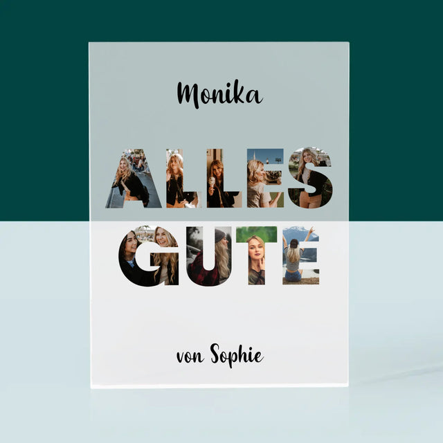 Buchstaben-Collage: Alles Gute - Acrylblock