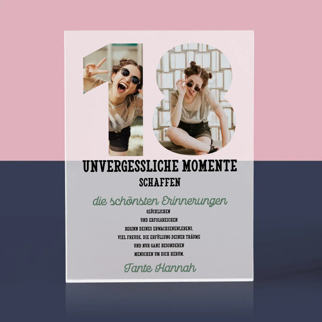 Buchstaben-Collage: 18. Geburtstag - Acrylblock