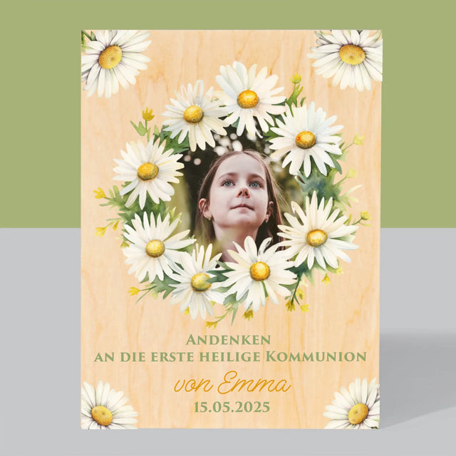 Foto Und Unterschrift: Andenken An Die Erstkommunion Gänseblümchen - Druck Auf Holz