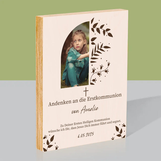 Foto Und Unterschrift: Erste Heilige Kommunion Blätter - Druck Auf Holz