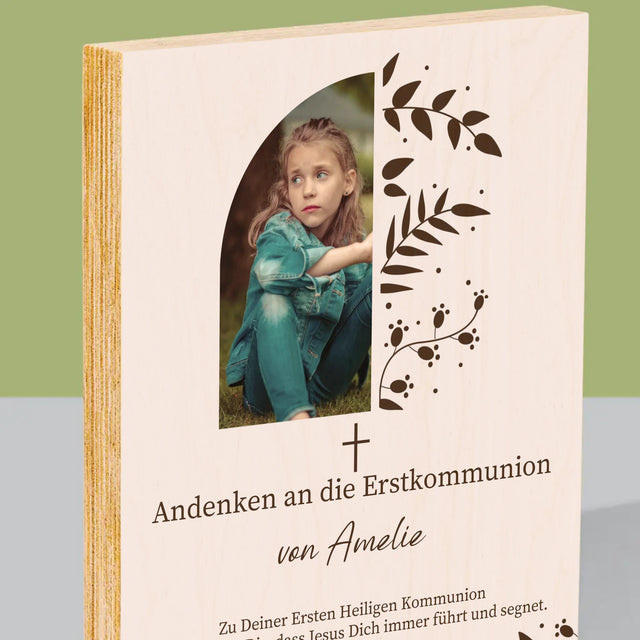 Foto Und Unterschrift: Erste Heilige Kommunion Blätter - Druck Auf Holz