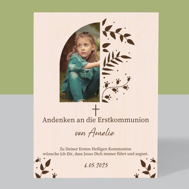 Foto Und Unterschrift: Erste Heilige Kommunion Blätter - Druck Auf Holz