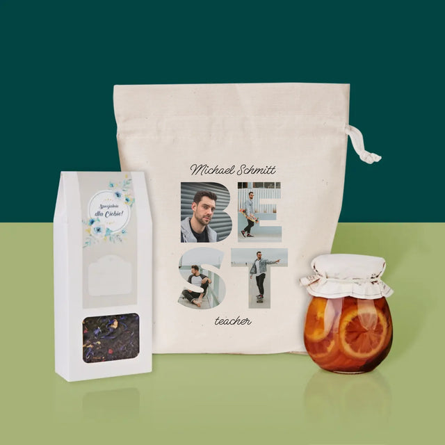 Buchstaben-Collage: Best Teacher - Tee-Geschenkset