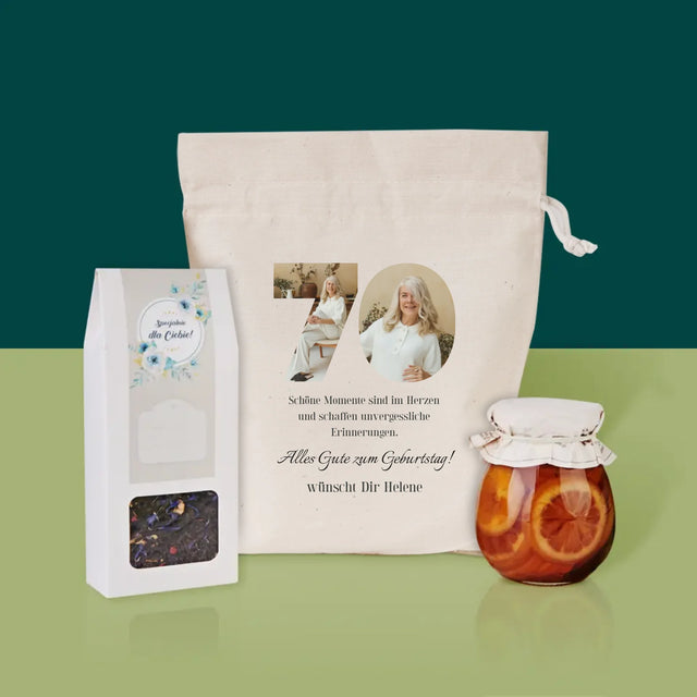 Buchstaben-Collage: 70 Jahre Alt - Tee-Geschenkset