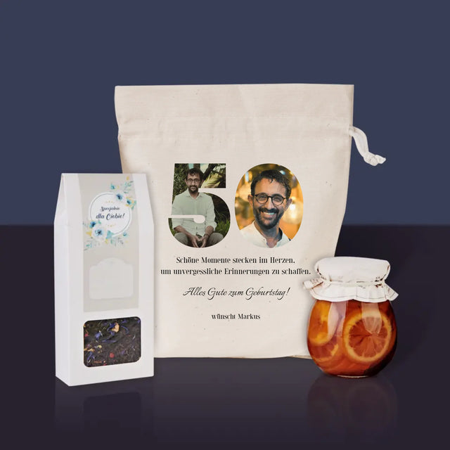 Buchstaben-Collage: 50. Geburtstag - Tee-Geschenkset