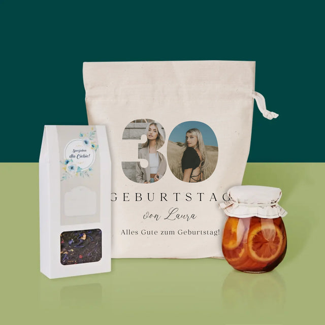 Buchstaben-Collage: 30. Geburtstag Signatur - Tee-Geschenkset
