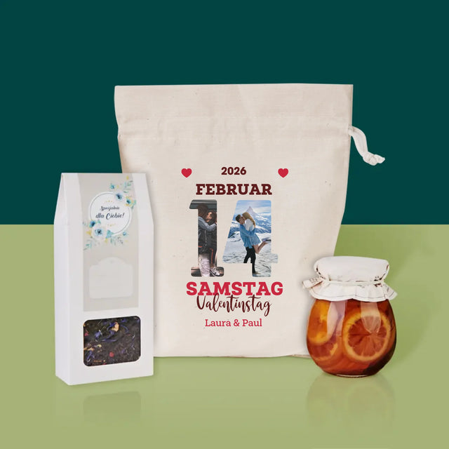 Buchstaben-Collage: Valentinstag-Kalenderkarte - Tee-Geschenkset