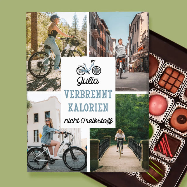 Fotocollage: Verbrennt Kalorien, Nicht Treibstoff - Pralinen