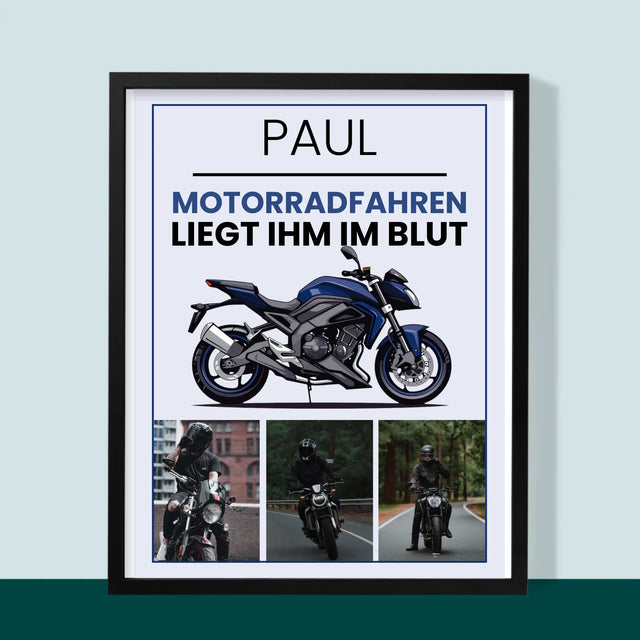 Fotocollage: Motorradfahren Liegt Ihm Im Blut - Druck Mit Rahmen 30X40