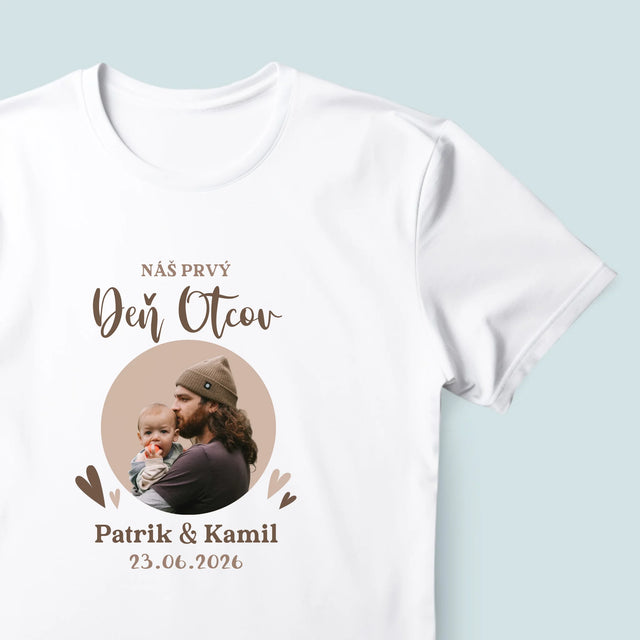 Zdjęcie i Podpis: Pierwszy Dzień Taty Zdjęcie w Kole - Koszulka Męska z Nadrukiem | SK